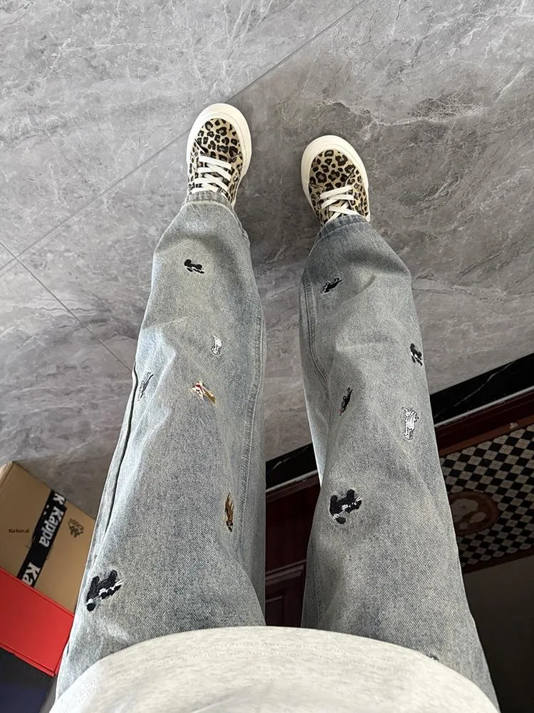 

Ретро-джинсы в американском стиле с вышивкой, мужские, модные, в стиле хип-хоп, свободные, прямые, осенние, повседневные, молодежные джинсы