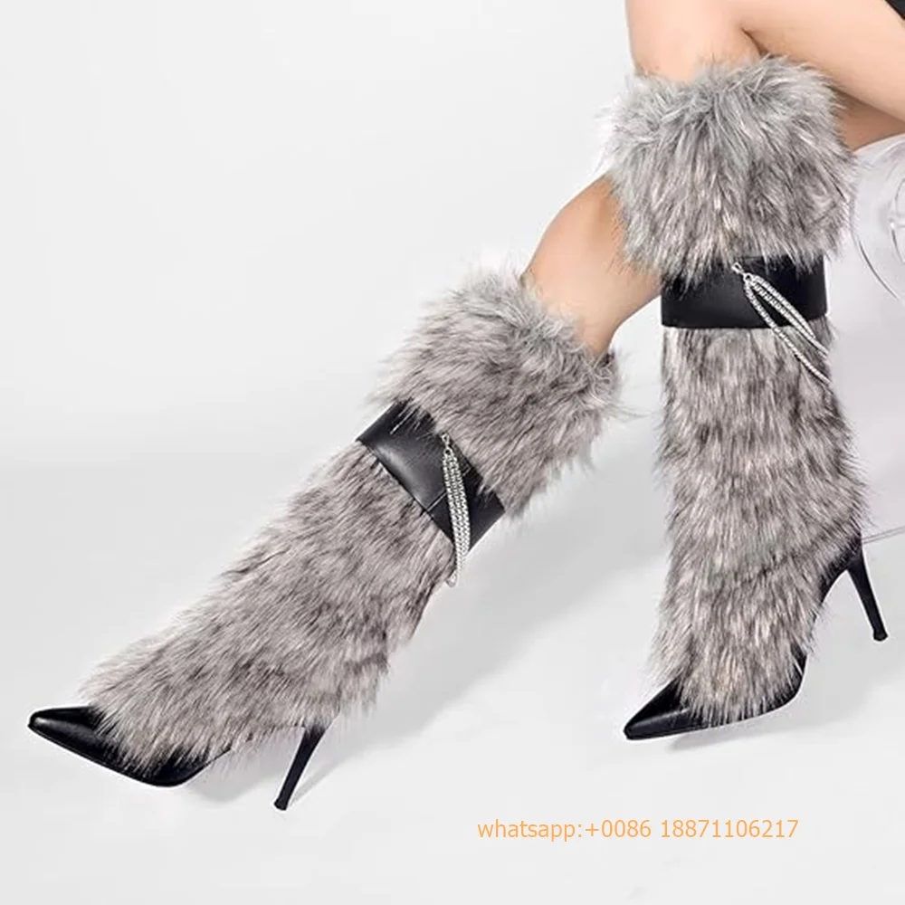 Sexy Ladies Catwalk Party Plush Boots 2024 Autumn Winter Pointed Thin High Heel Knee Boots Rhinestone Fashion Stage Model Boots