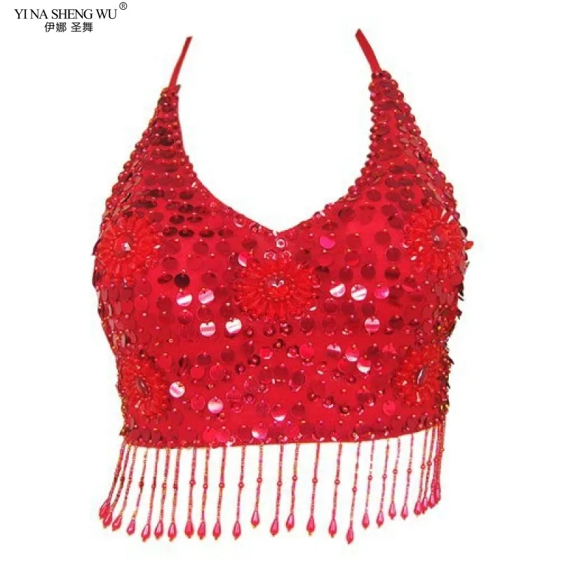 New Belly Dancing Bra Sexy Women Tassels Bra Belly Dance Tops with Chest Pads Hit Colors Stage Show Clothing Sequined Straps