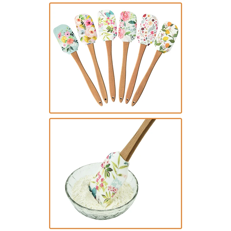 Non-stick Silicone Cookware with Wooden Handle Spatula Spoon Brush Sets Colorful Baking Kitchen Spatula Tools 30.5cm