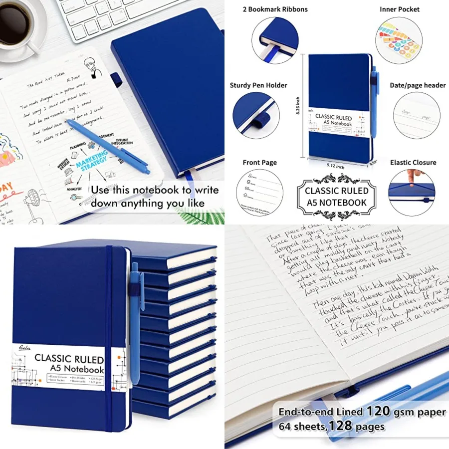 

Notebooks Journals Bulk with Pens, A5 Hardcover Notebook Classic Ruled Journal Set with Pen Holder for School Business Work Tra