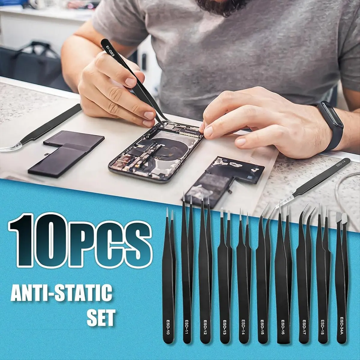 [For Wholesaler]10Pcs Tweezers Set, Upgraded Anti-Static Stainless Steel Tweezers for Craft, Electronics, Jewelry-Making view 3