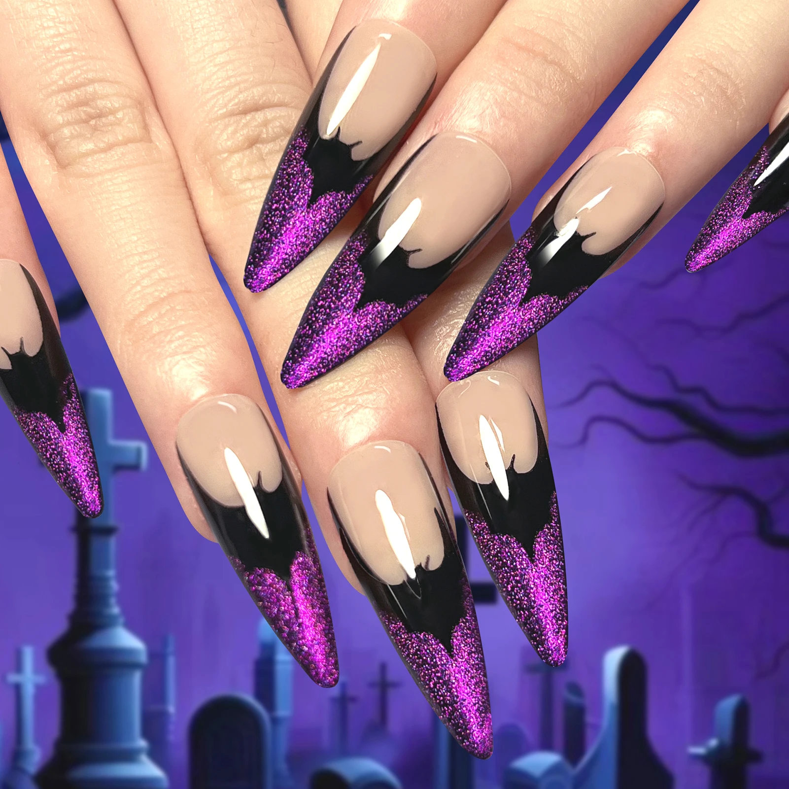 Halloween Long Fake Nails with French Tip Natural Unbreakable Nail Simple Wear for Professional Nail Art Salon Supply