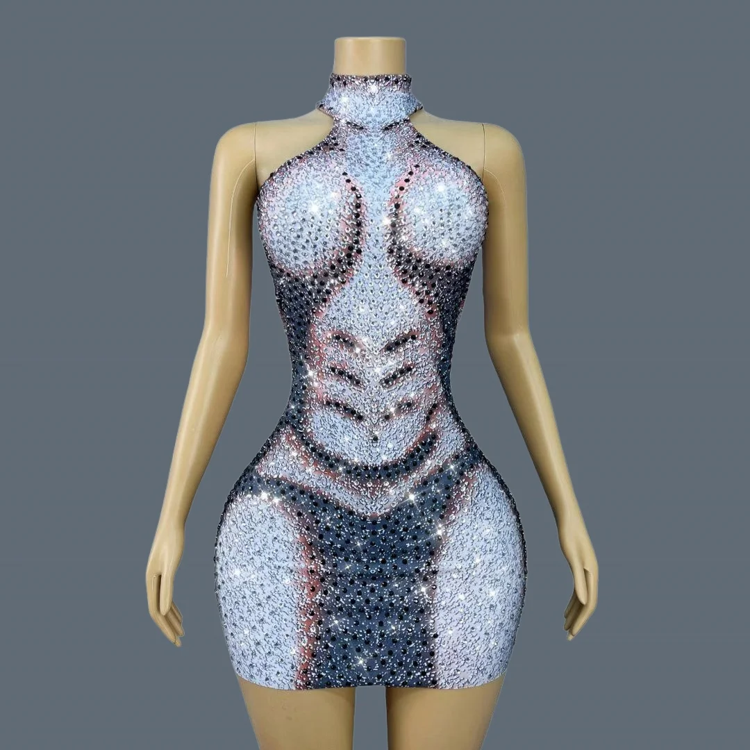 

Design Spandex Sleeveless Full Rhinestone Short Dress Women Sexy abs Printing Tight Fitting Mini Dress Spicy Girl Outfit Larou