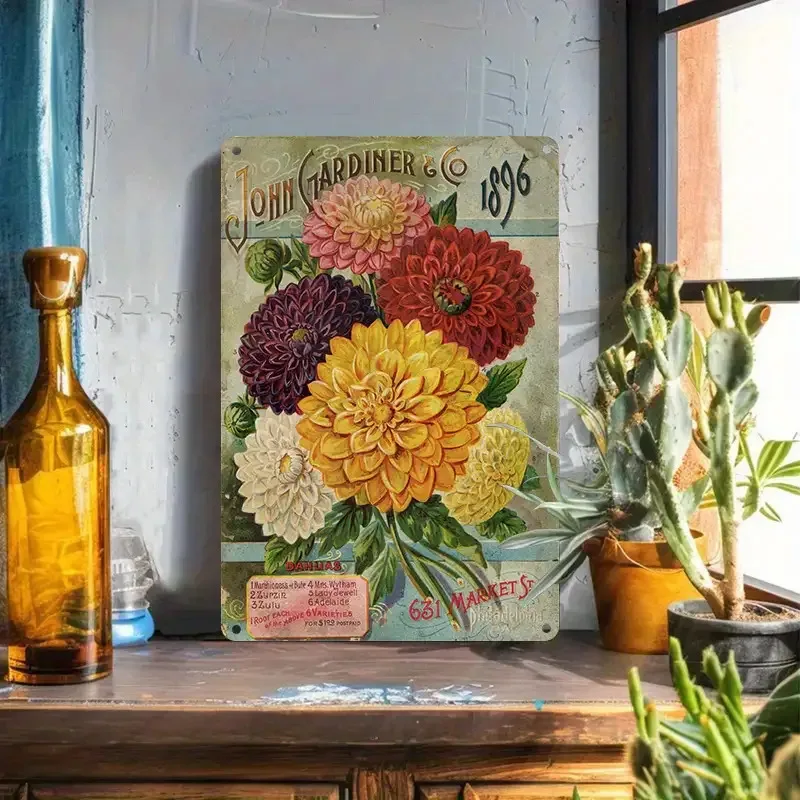 CIFBUY Vintage Botanical Dahlia Print Retro Garden Style Aluminum Wall Art Waterproof Durable Home Office Room Decor
