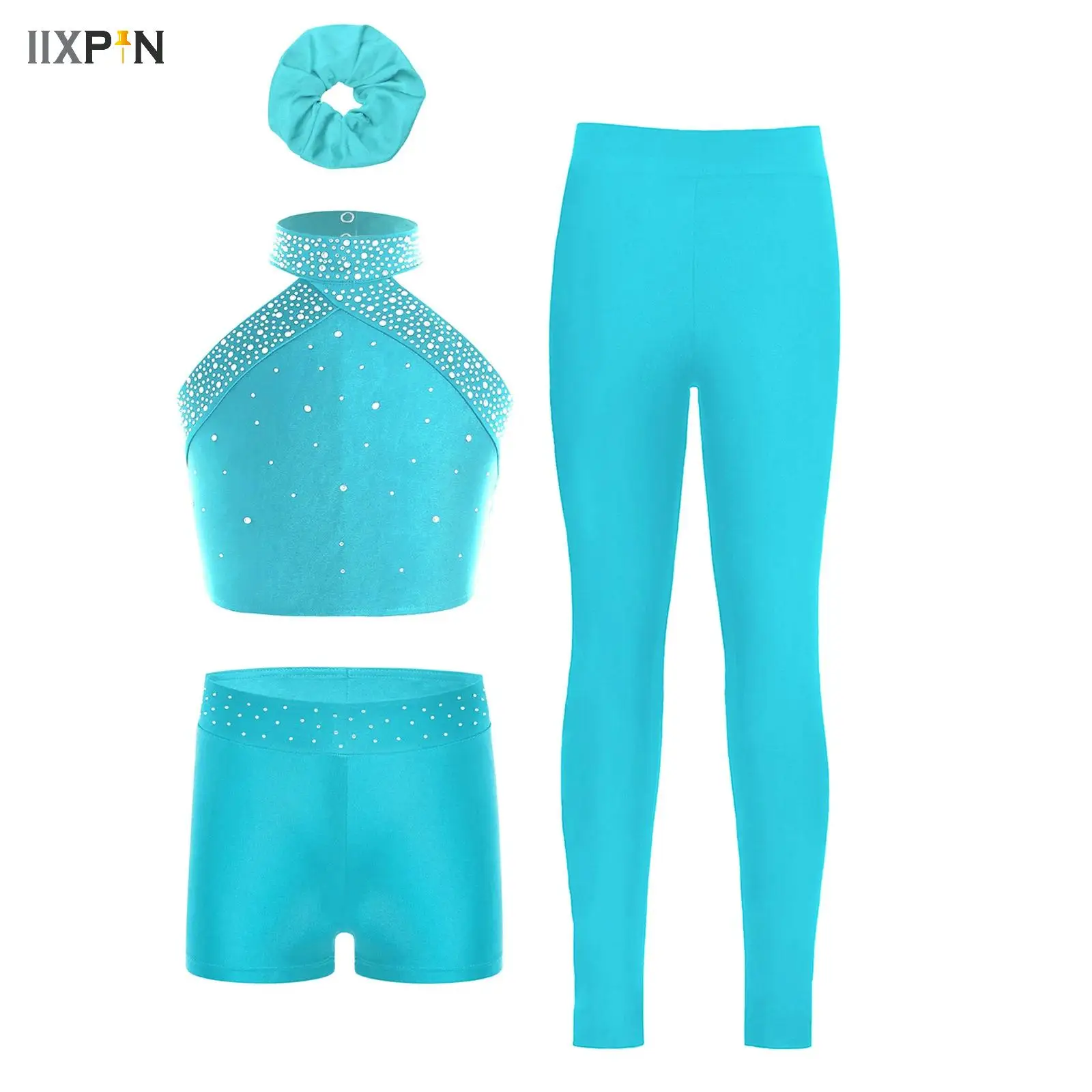 Kids Girls Figure Skating Dancewear Set Athletic Vest Tops with Shorts Leggings Hairband Sports Gymnastics Fitness Yoga Outfits