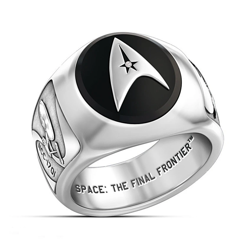 Men's Stainless Steel Silver Black Signet Ring, Sci-Fi Space Emblem Ring, Geometric Star Symbol Fashion Jewelry, Cool Gift