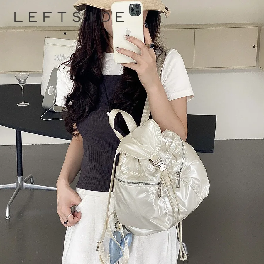 

Women's Small Waterproof Nylon Backpacks 2024 Summer Y2K Korean Fashion Silver Backpack Lady Travel Drawstring Back Packs