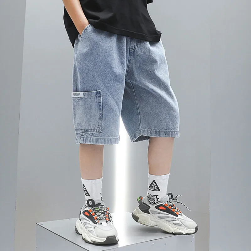 1pcs Summer Thin New Boys Denim Shorts Kids Solid Color Fashion Cool Pants Children Elastic Casual Pocket Five Quarter Shorts