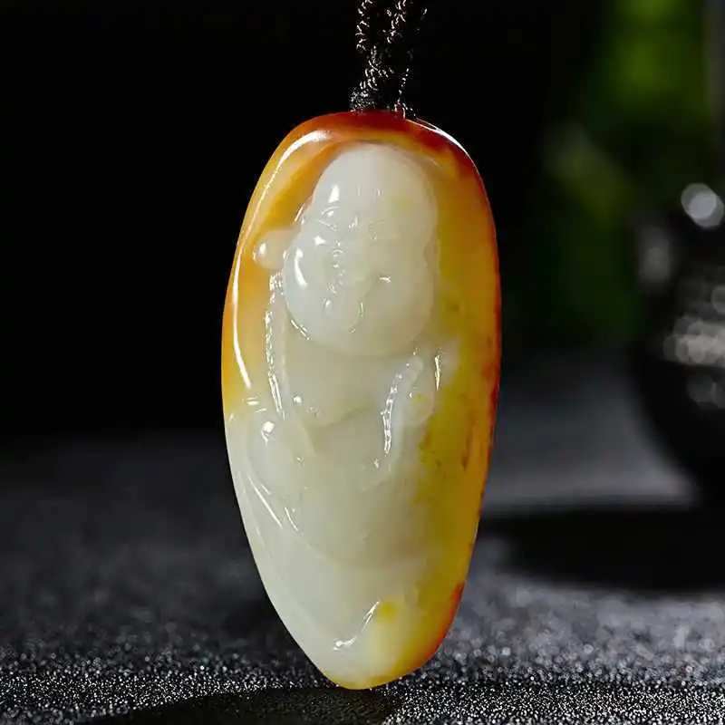 Hetian Seed Material Pendant Stone Raw Skin Sheep Fat White Jade Guanyin Bodhisattva Maitreya Buddha Pen