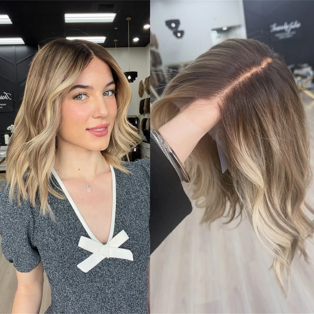 

Короткий волнистый синтетический парик с блондинистыми прядями и темными корнями, 13x4, цвета пепельный блонд, для женщин, на каждый день, с предварительно выщипанными линиями роста волос