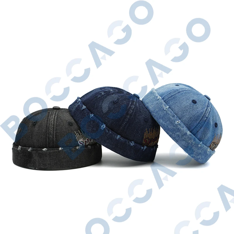 

Denim Letter Embroidery Docker Cap Distressed Ripped Design Brimless Caps Without Visor Adjustable Hat For Unisex Outdoor Travel