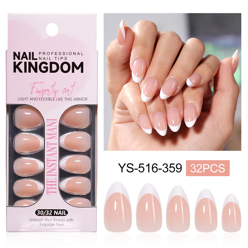 VITAGWX 32 uñas postizas cortas con diseño francés en forma almendra, acrílicas de alta calidad, reutilizables. 5