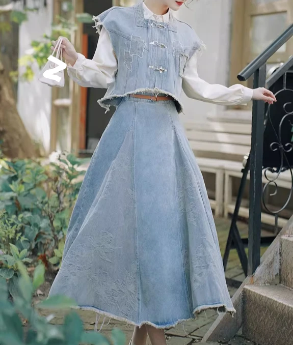 Primavera Autunno Jacquard Sciolto senza maniche Azzurro Gilet versatile Moda Retro Riduzione dell'età Gonna in denim universitario a vita alta