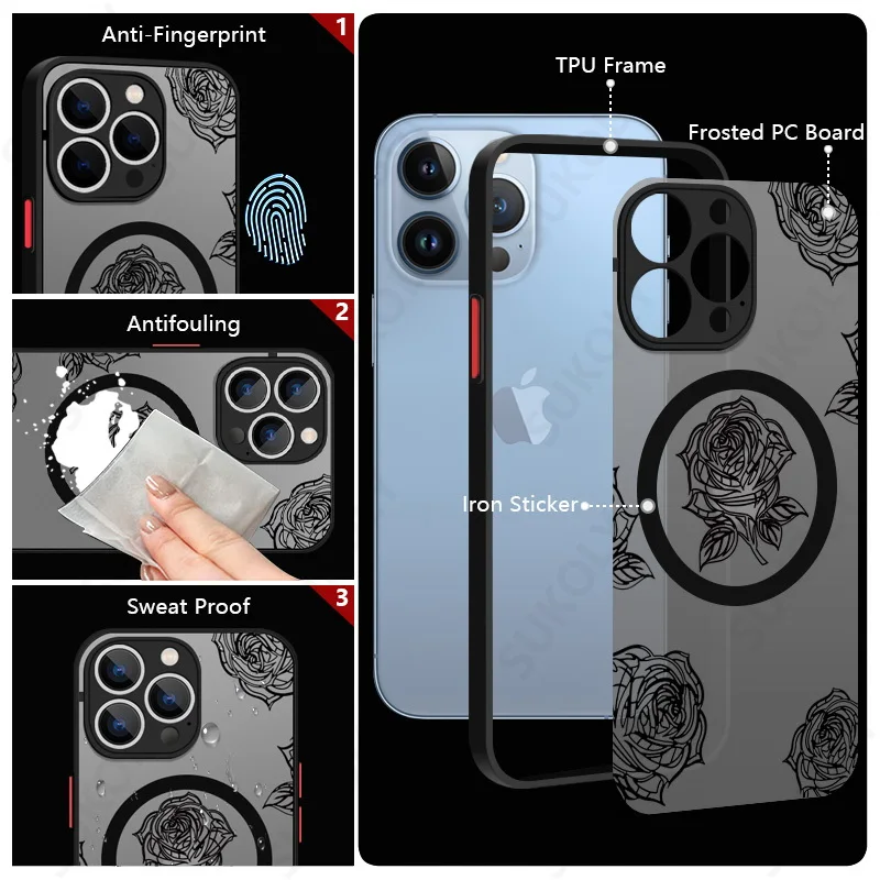 Flowers Pattern For iPhone 16 15 14 Pro Max 13 12 11 Pro Max Case For Magsafe Wireless Charging Matte Acrylic Hard Phone Cover