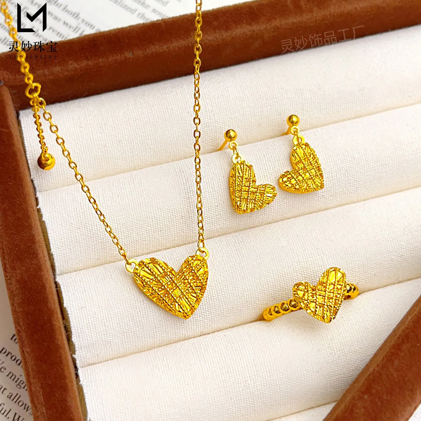 AU999 24K Gold Hollow Icy Laser Heart Necklace Earrings Ring Set for Women, Vivid Jewelry With Shiny Laser Cut Surface