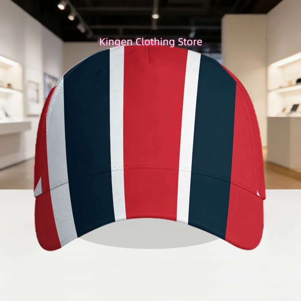 A Classic Baseball Cap with Red, White, and Blue Striped Print, a 2D Flat Sports Design Sun Hat, Featuring an Adjustable Quick-r