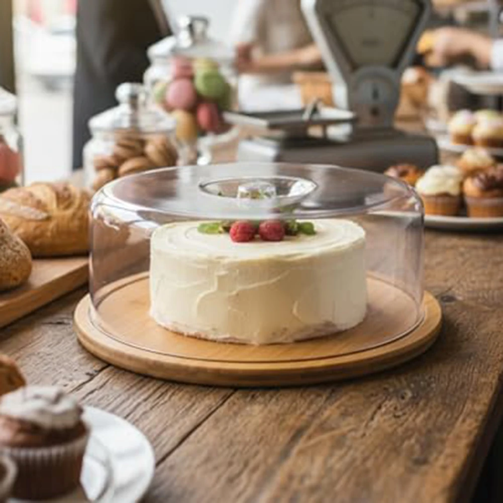 

10 Inch Round Wooden Stand with Transparent Dome for Cakes Desserts and Treats at For Weddings Receptions and Dinners