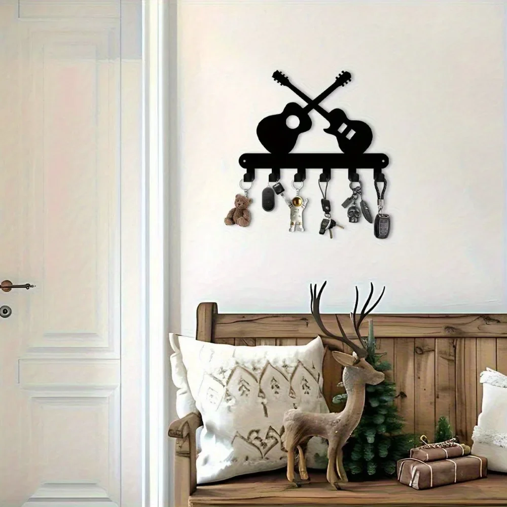 CIFBUY Iron Wall Art Boho Guitar Metal Key Hook Decor Rustic Accent Coat Hat Organizer For Home Office Kitchen Vintage