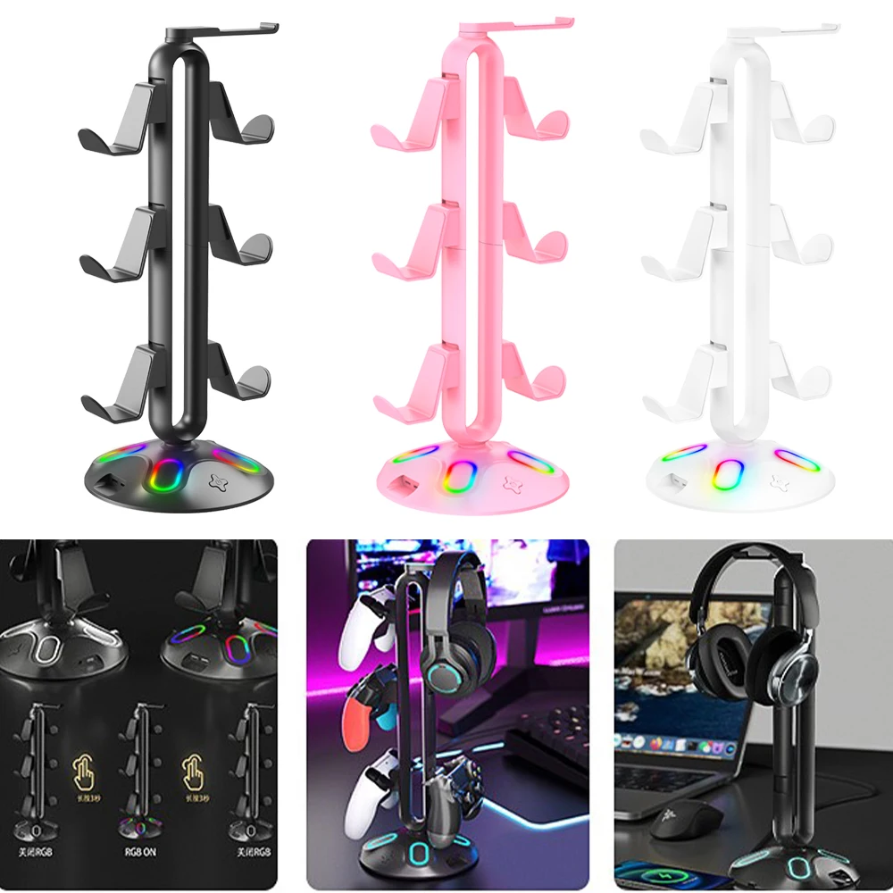 

RGB Game Headset Stand with Hub 2 USB Ports Desktop Headset Holder with 3.5mm & Type-C Support Win7/8/10/11/Linux/Mac for Gamer