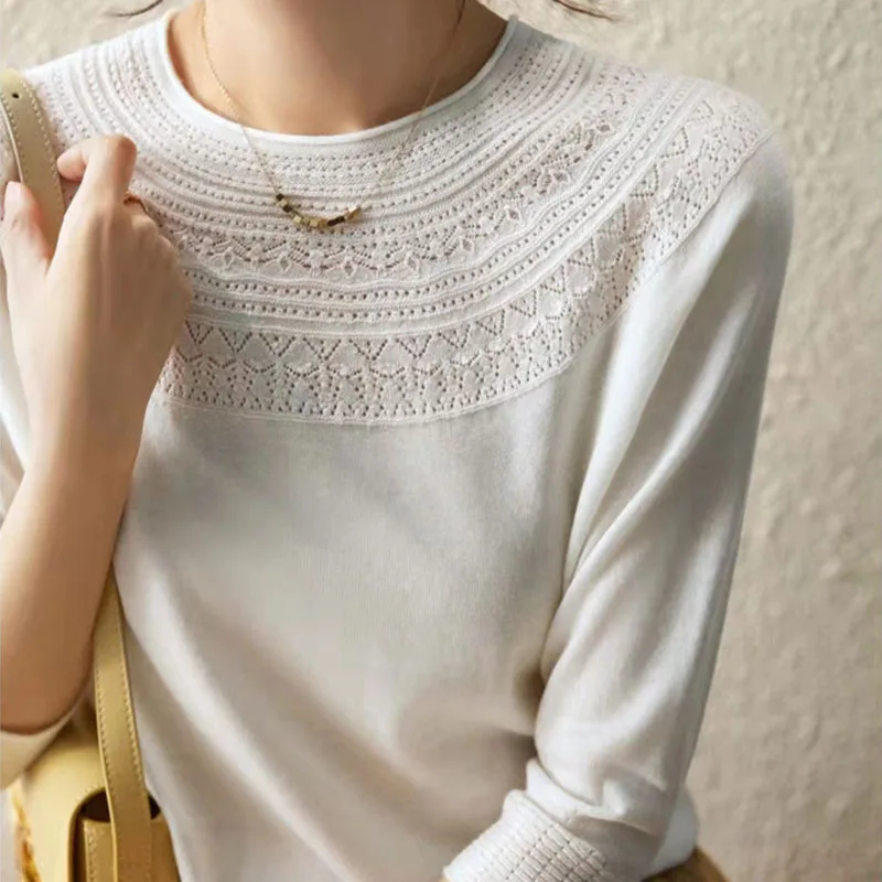 Round Neck Pullover Elegant Female Shirts Knitted Fabric Hollow Out White Black Tops for Women Clothing Solid Blusas Casual 2846