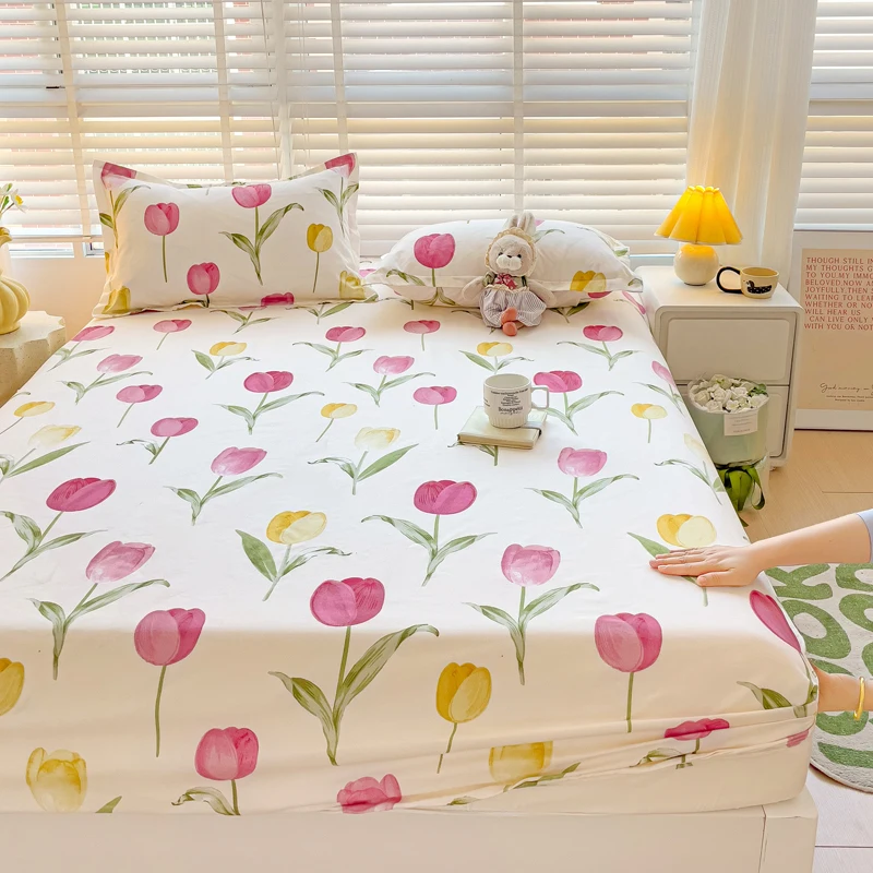 

Queen Bed Sheets Set Tulips Printed drap de lit Floral Flower Style Fitted Sheet with Elastic Band Single Bed Linen for King Bed