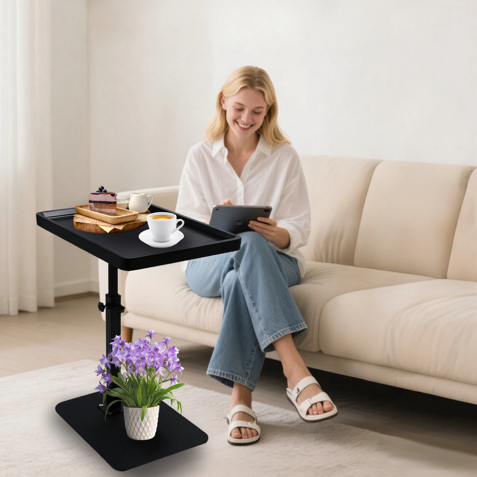 طاولة نهاية مع عجلات دوارة 360 درجة ارتفاع قابل للتعديل الأريكة طاولة جانبية أريكة الذراع صينية التلفزيون صينية لغرفة النوم غرفة المعيشة #1