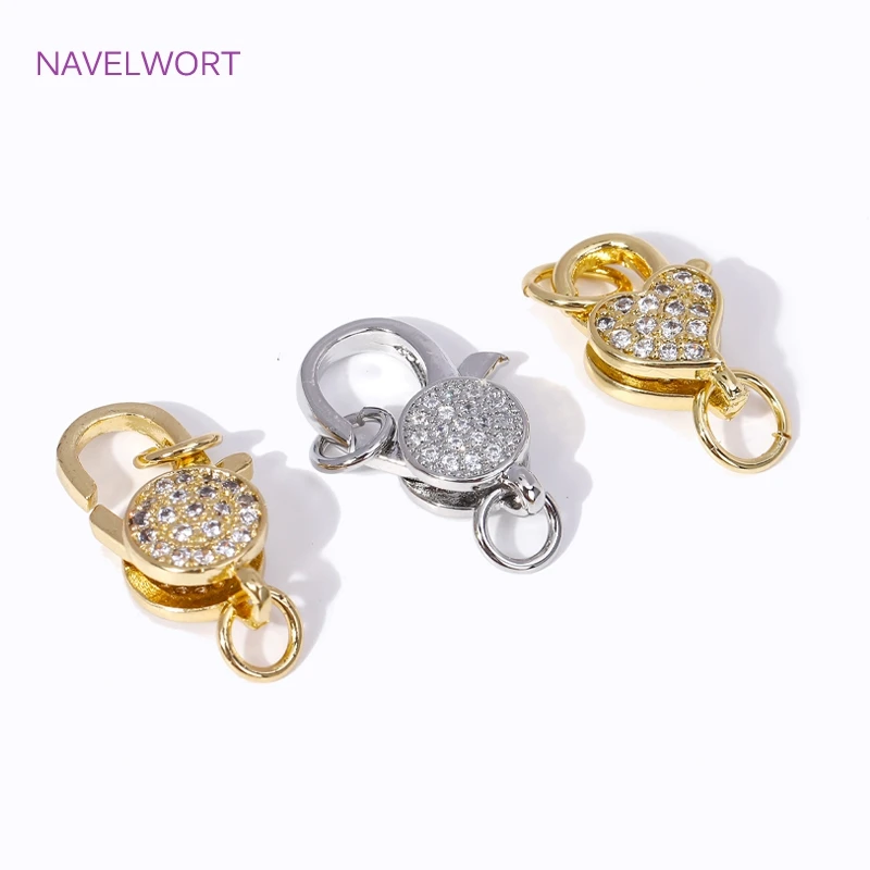 Fashion Inlaid Zircon Fasteners 18K Gold Plated Round/Heart Lobster Clasps with Open Ring For DIY Jewelry Making Accessories