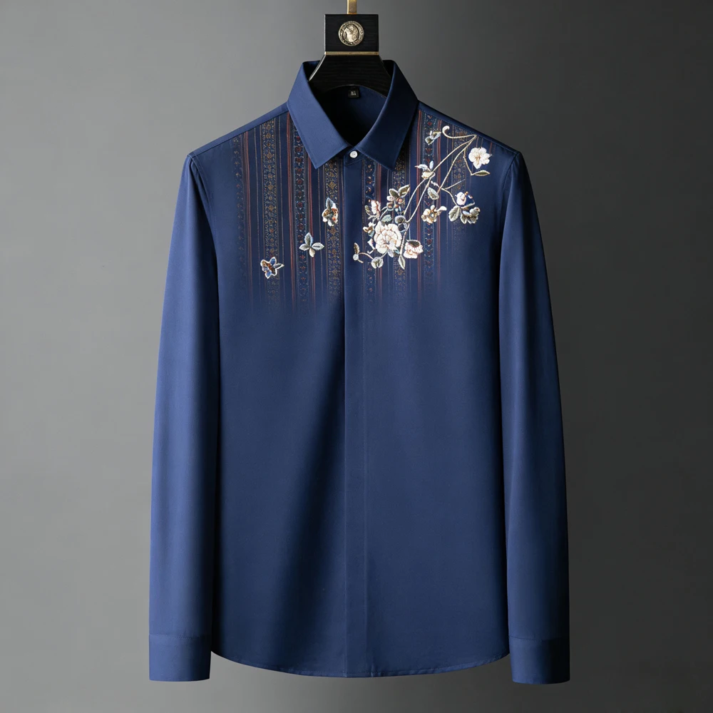 

2026 Men's Ethnic Style Plant Flower Postmodern 3D Printed Shirt Long Sleeve Lapel Button Hawaiian Beach Shirt Party Men Clothes