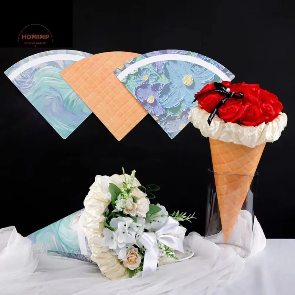 

10pcs Romantic Ice Cream Cone Packaging Paper Thick DIY Flower Wrapper Paper Oil Painting Flower Gift Boxes Valentine's Day Gift