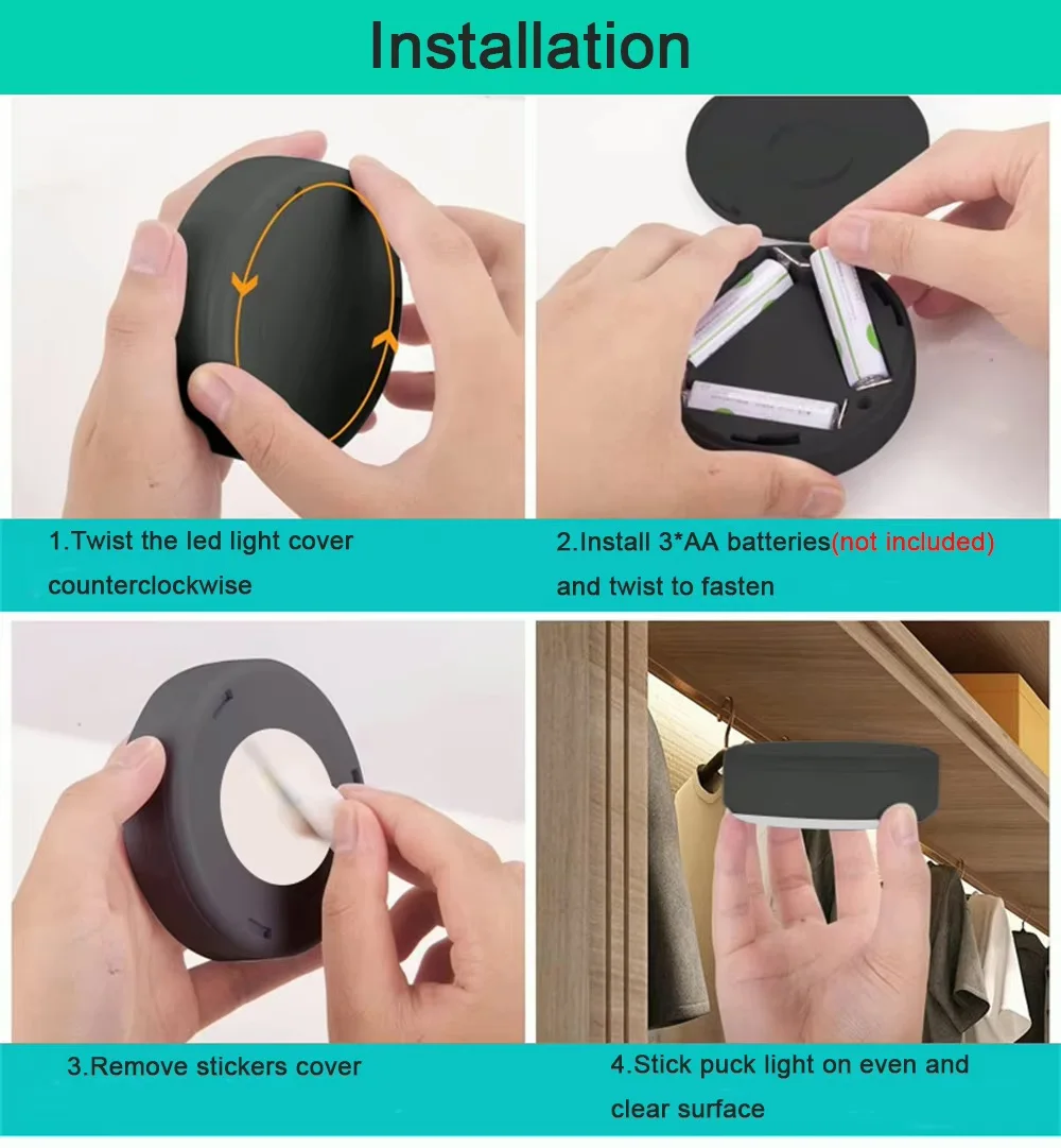 RGBW LED Puck Night Lights Remote Control Dimmable Under Cabinet Light Battery Operated Wireless Push Lamp Kitchen Closet