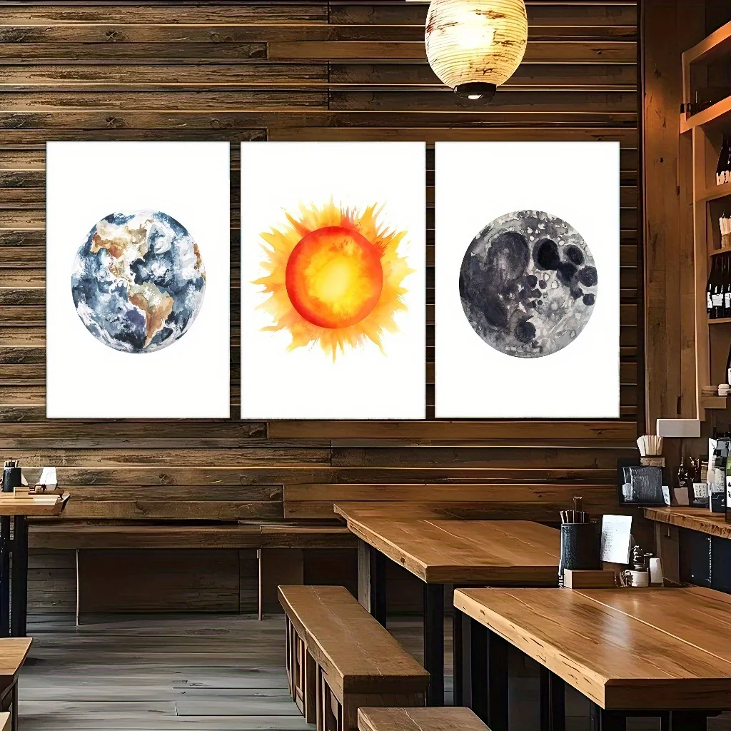 (No frame)2D Flat, Wall Decor 2D Flat Canvas Decorative Art Prints Set of 3 , Cosmic Elements Art, Earth, Moon, And Sun Poste