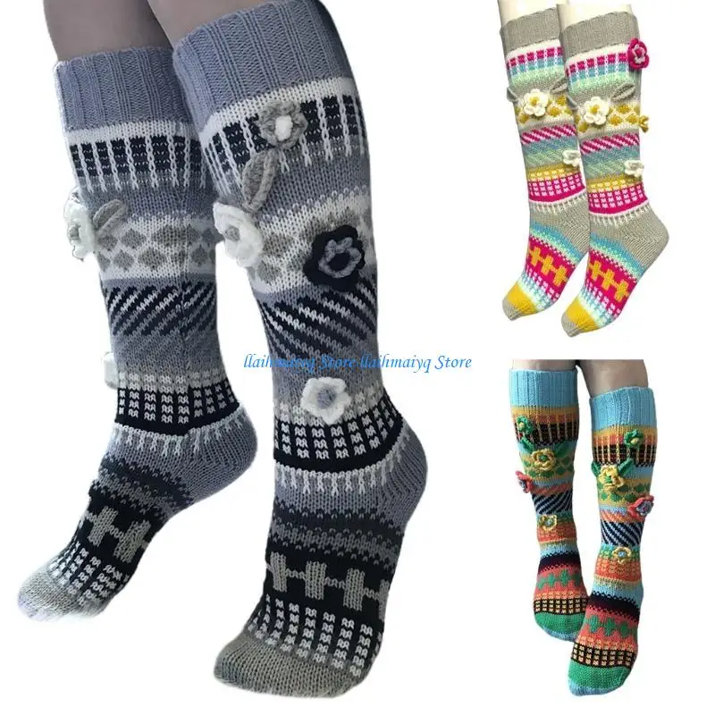 573B Women Multicolor Crochet Knee High Socks Knit Flower Warm Geometry Stockings