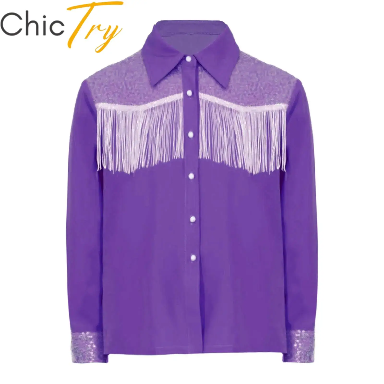 

Kids Girls Western Cowgirl Costume Long Sleeves Button-down Shirt Sequins Fringe Shirt Tops Halloween Carnival Cosplay Dress Up