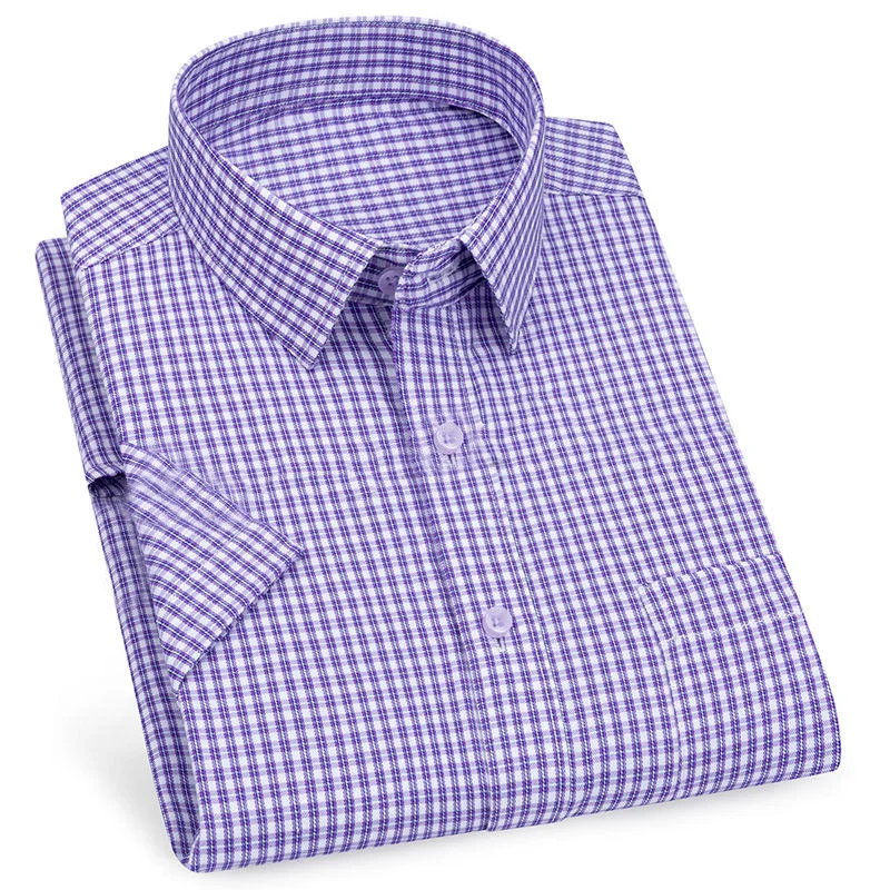 Men\'s Business Casual Short Sleeved Shirt Classic Striped Plaid Checked Male Social Dress Shirts Purple Blue 6XL Plus Large Size