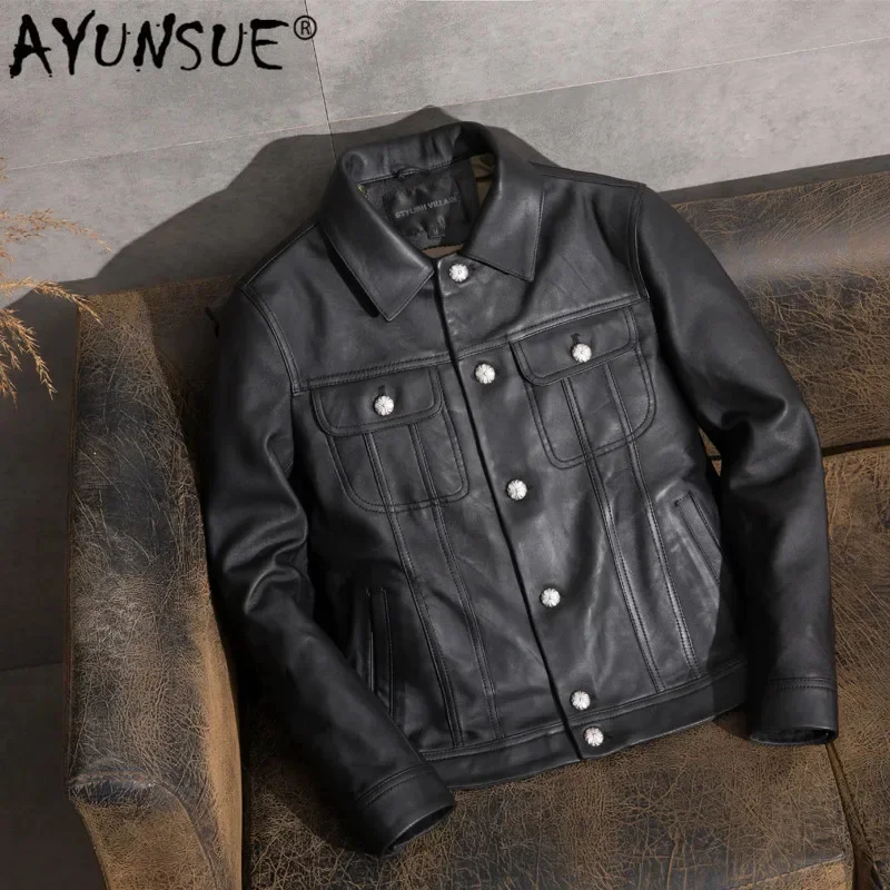 

AYUNSUE Casual Men's Leather Jacket Sheepskin Coat Genuine Men Vintage Motorcycle Veste Cuir Homme 1905 KJ2450