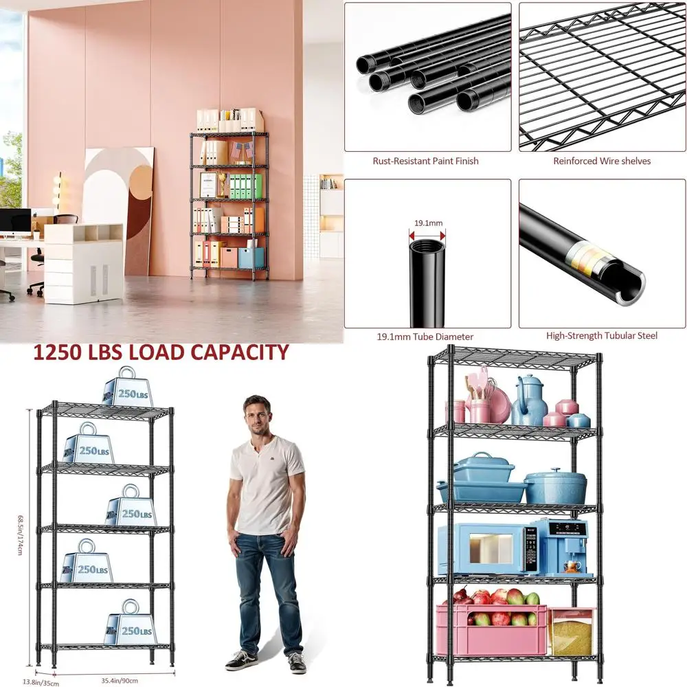 

6-ярусный металлический стеллаж для гаража, кухни или прачечной, грузоподъемность 1250 фунтов, 13,8 x 35,4 x 68,5 дюймов