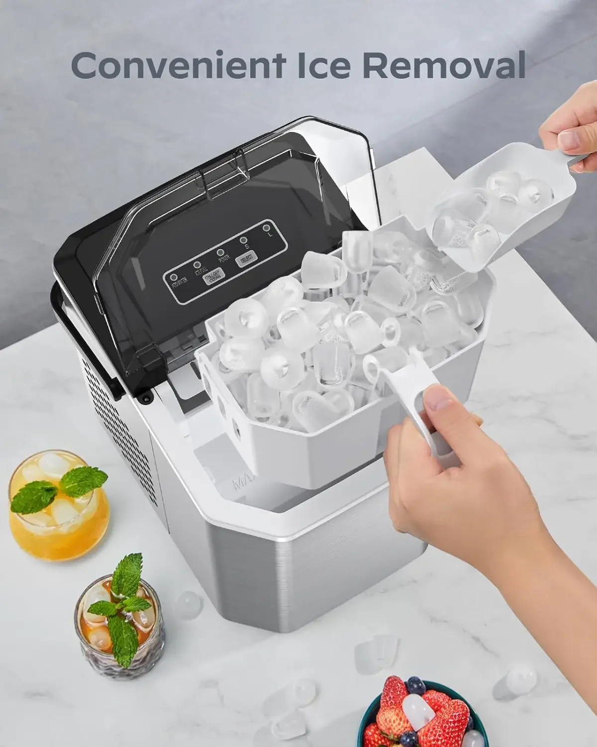 Portable & Efficient Stainless Steel Ice Maker with Carry Handle - Self-Cleaning Ice Machine for Countertop Use - Includes Baske