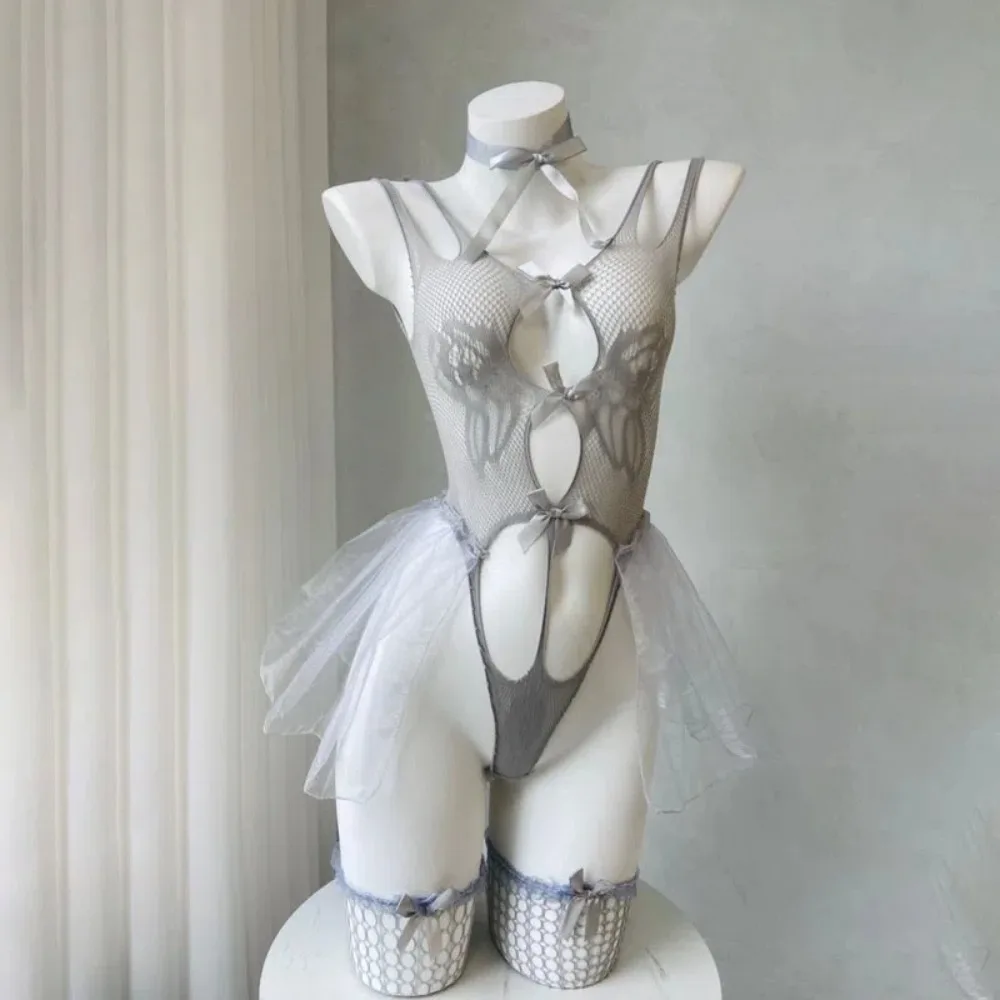 

With Wearing Stockings Sexy Clothing Lace Skirt Nightgown Transparent Bow Deep V Lace Skirt Mesh Slim Fit Sexy Lingerie Dress