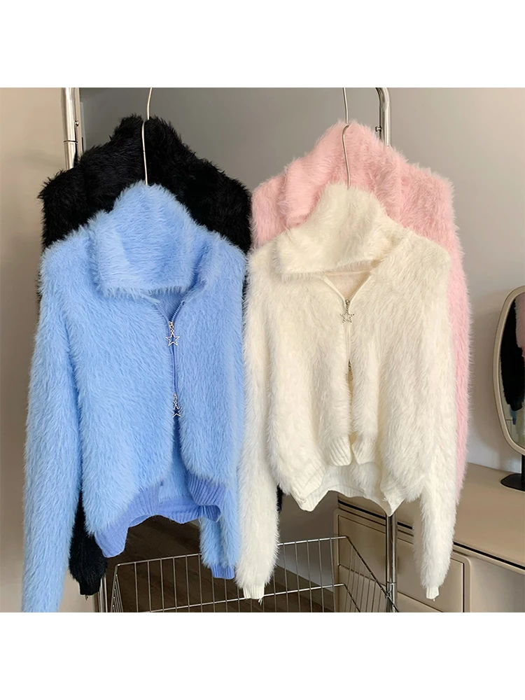 Harajuku Korean Autumn Women Cardigans Zipper Hooded Cozy Plush Warm Sweater Chic Sweet Simple Outerwear Gyaru Mori Girl Style