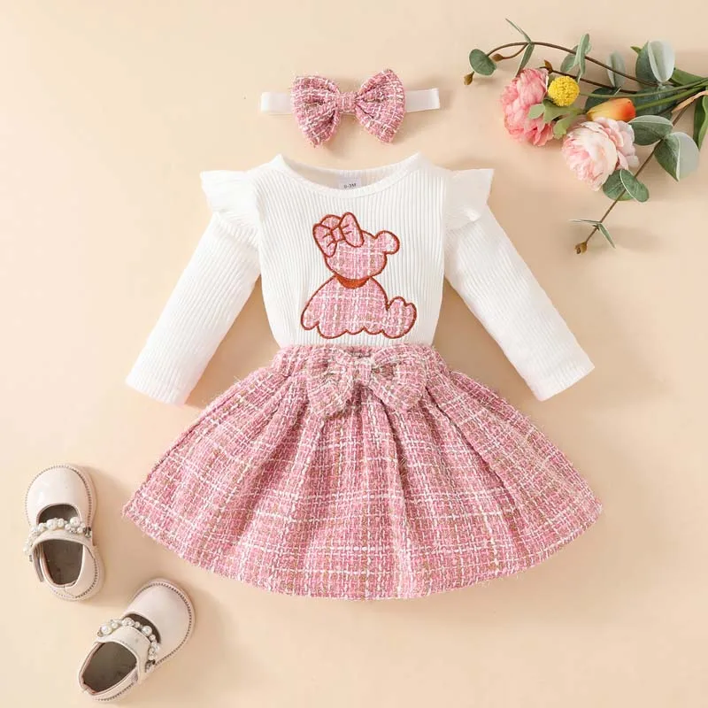 

Baby Clothes Newborn Girls Set 0-18 Months Spring Long Sleeve Embroidered Bear Onesies Skirt Hairband 3Pcs Outfits