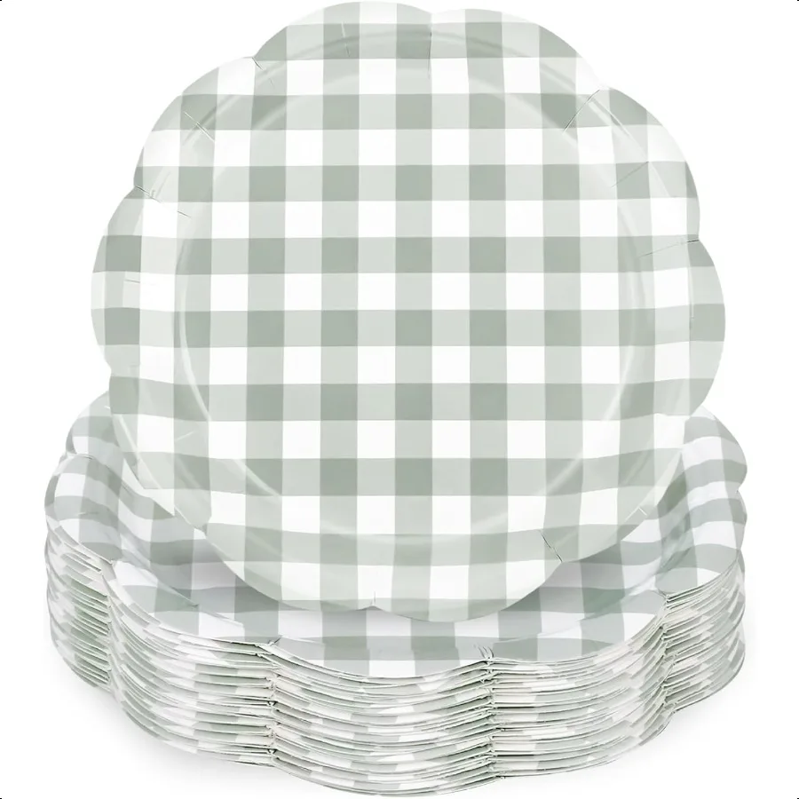 

48 Pcs Sage Green Scalloped Paper Plates 9Inch Gingham Paper Plates Green and White Checkered Party Plate Plaid Decorative Din