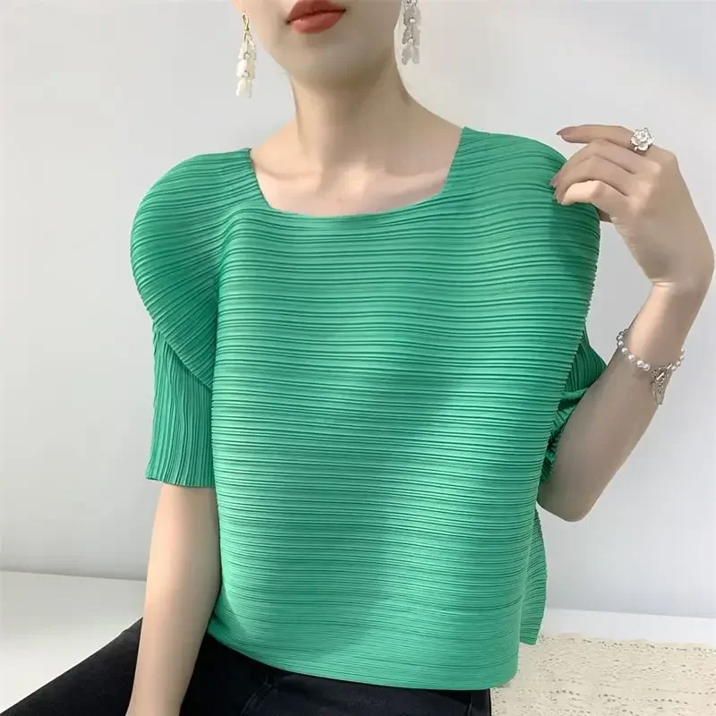 2024 summer new Miyak pleated top women's clothes  casual square collar T-shirt pleated Classic Basic Stretch Top