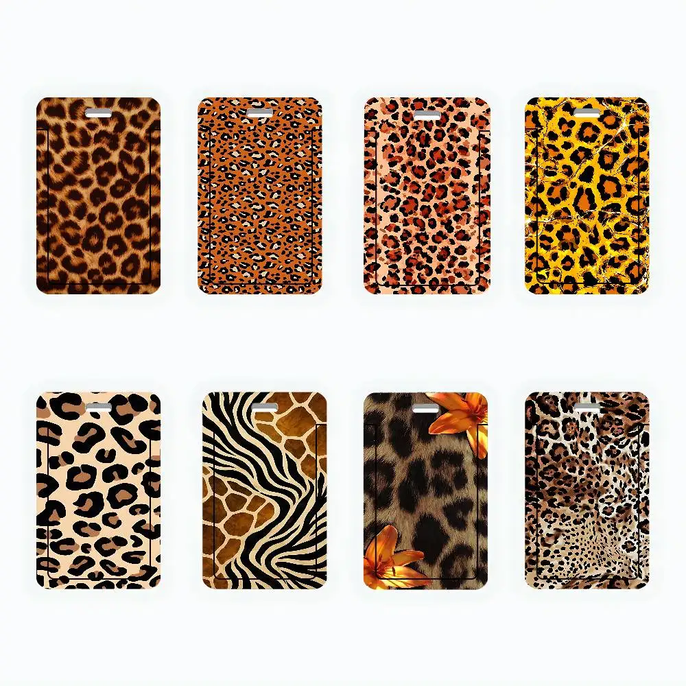 Amber Retro Leopard Print ID Card Holder PVC Badge Holder With Lanyard Slot Student Bus Card Cover Office Work Card Case
