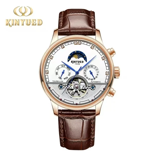 KINYUED 086 Automatic Man Watch Moon Phase Men\'s Business Wristwatch Genuine Leather Strap Luxury Hand Clock Relogio Masculino