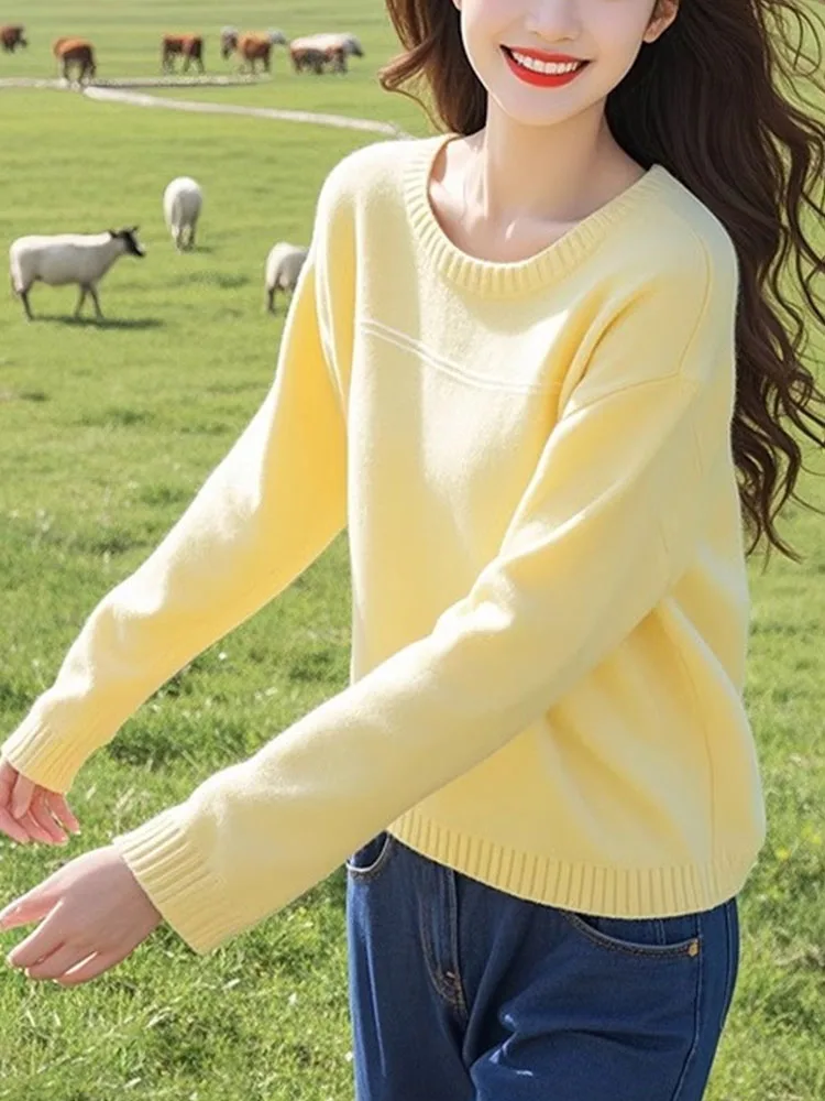 

Pure Color Crew Ne Super Soft Comfortable Long Sve Commute Anti-Aging Camere Knitted Sweater Women's Faion Top