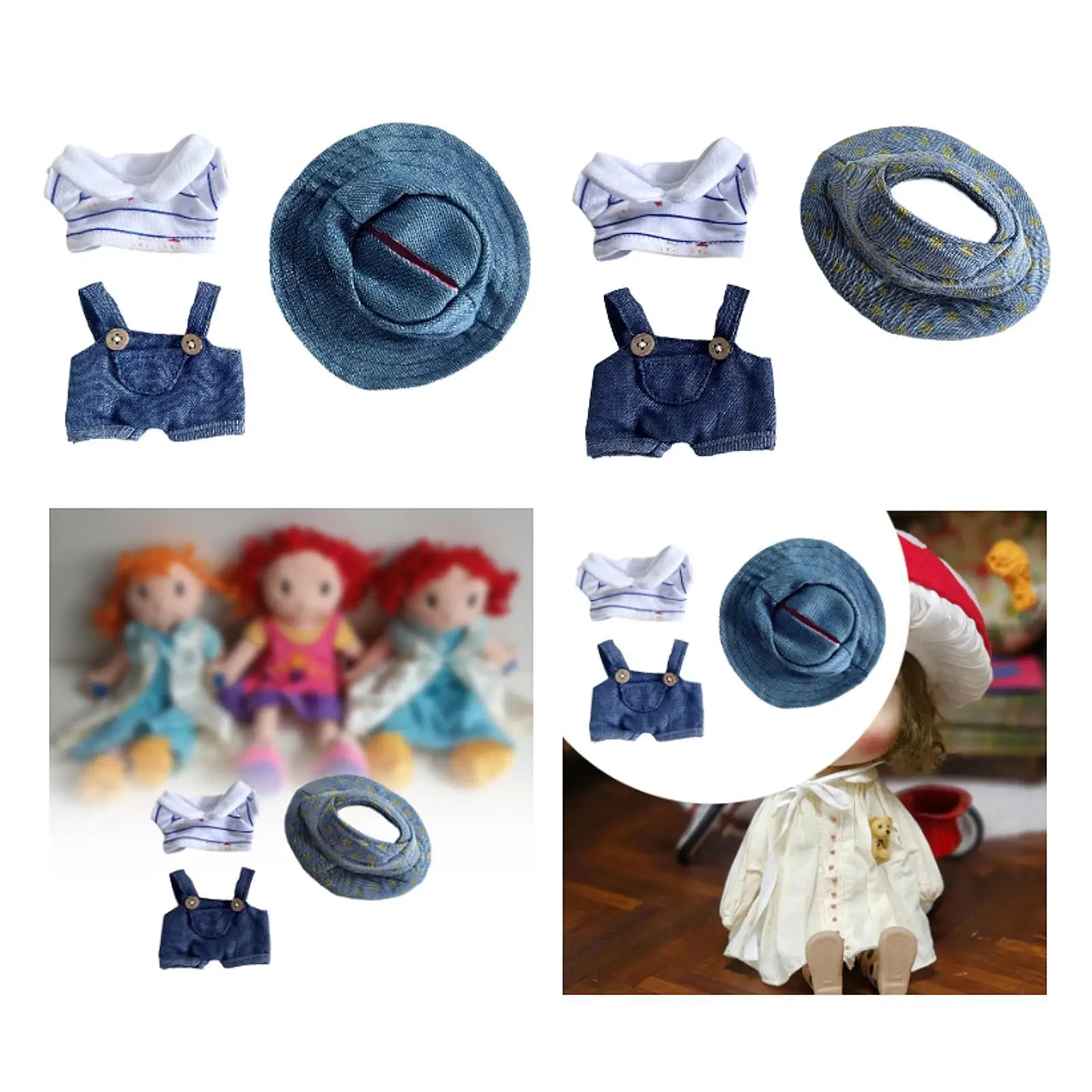 3 Pieces Dolls Suspender Pants with T Shirt Hat, Handmade Clothing Accessories Outfits for 15-17cm Dolls Halloween Gifts