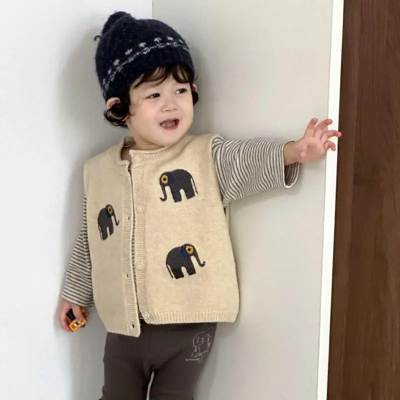 

2025 Autumn New Baby Sleeveless Knitted Vest Infant Boy Casual Vest Jacket Girls Cartoon Sweater Coat Toddler Cotton Clothes
