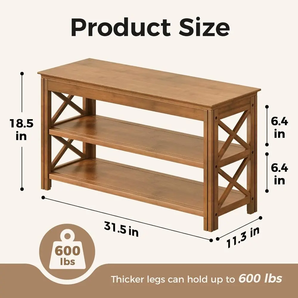 3-Tier Bamboo Shoe Storage Bench, Rustic Entryway Wood Bench, X-Brown, 31.5