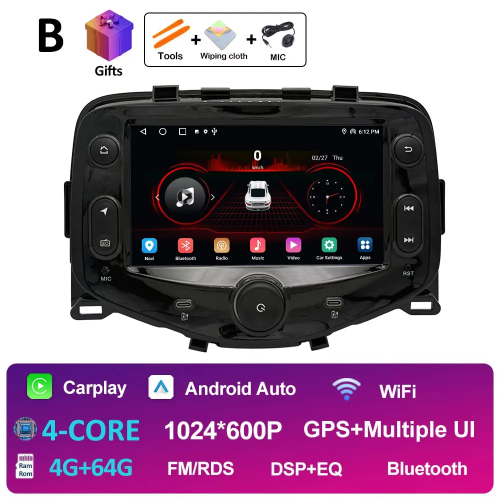 7 "Touchscreen Auto Android 14 voor Toyota Aygo Peugeot 108 Citroen C1 2016 2017-2020 Navigatie GPS DSP Stereo CarPlay Auto - afbeelding 1